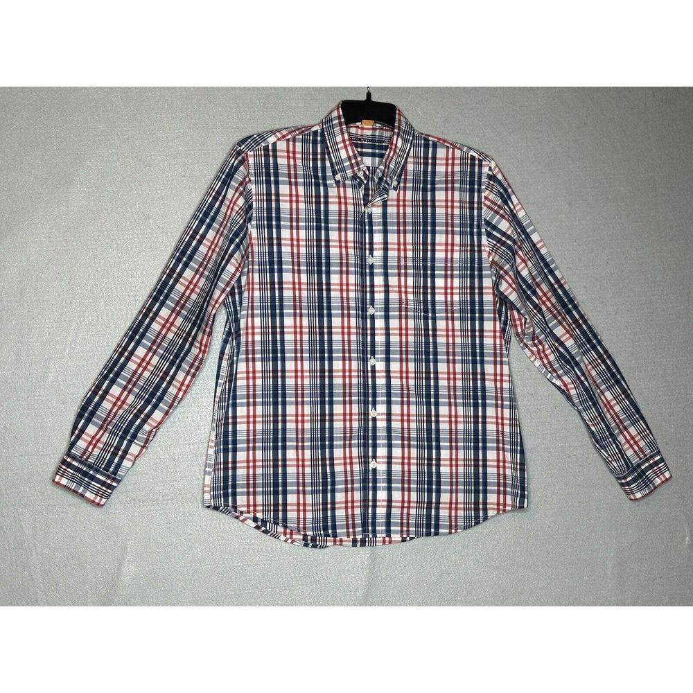 Tailor Vintage Men's Performance Medium Red Blue Plaid Long Sleeve Button Down‎ - Picture 2 of 9
